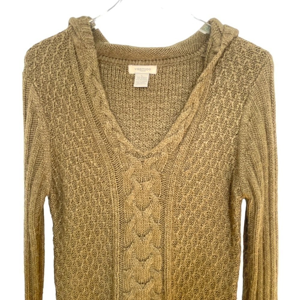 Vertico Taupe/Brown Hooded Cable Knit Sweater VNeck Ribbed Cuffs/Hem Size L - Picture 5 of 12